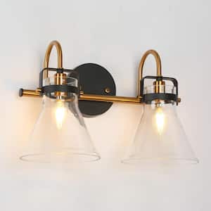 Modern Black and Gold Vanity Light, 2-Light Industrial Bathroom Light with Clear Glass Shades for Makeup Mirror