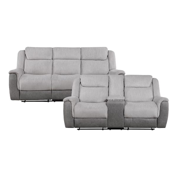 Center Hill 86 in. W Pillow Top Arm Chenille and Faux Leather Rectangle 2-Piece Manual Double Reclining Sofa Set in Gray