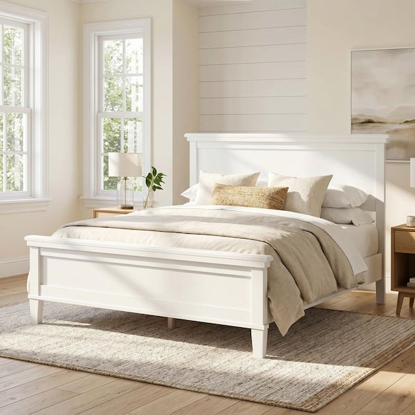 White Wood Frame Full Platform Bed with Headboard and Wood Slat Support