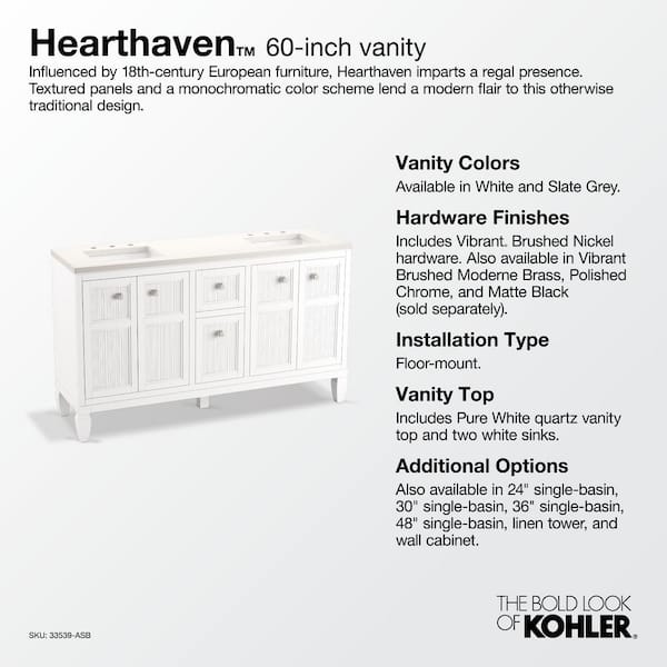 KOHLER Hearthaven 60.56in. Double Sink Freestanding Slate Grey Bath Vanity with White Quartz Top Assembled