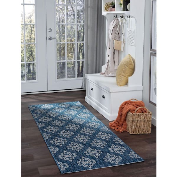 Veranda Geometric Indigo 3 ft. x 8 ft. Indoor/Outdoor Runner Rug