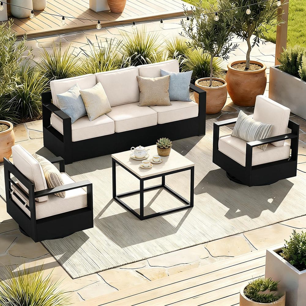 3-Piece Black Aluminum Outdoor Furniture Set Swivel Patio Conversation Set with Beige Cushions price history on PriceWatchPro