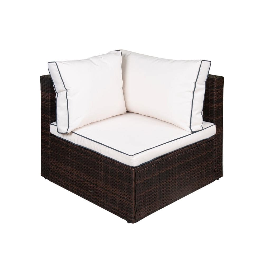 York 4-Piece Brown Wicker Outdoor Sectional Sofa with White Cushions