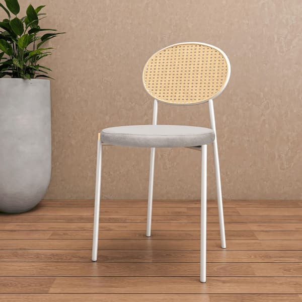 Euston Dining Chair with Wicker Back and Upholstered Round Seat with White Steel Base Set of 2 in White Leather