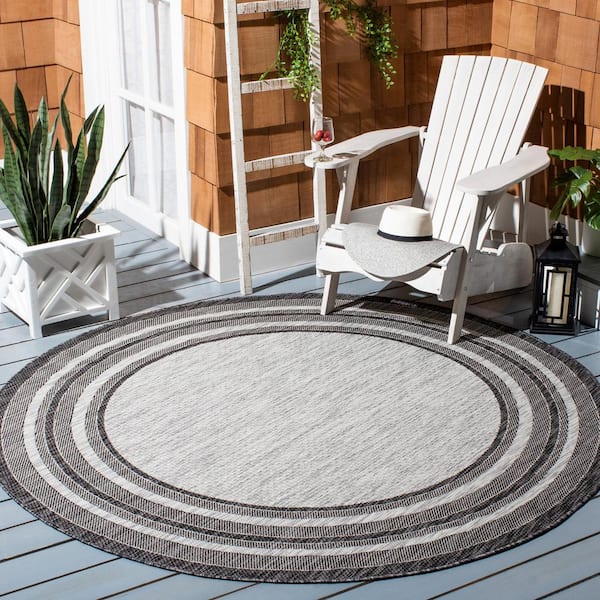 Courtyard Light Gray/Black 4 ft. x 4 ft. Solid Color Striped Indoor/Outdoor Round Area Rug