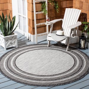 Courtyard Light Gray/Black 7 ft. x 7 ft. Solid Striped Indoor/Outdoor Patio  Round Area Rug