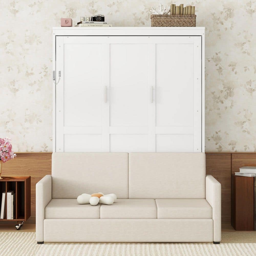 Harper Bright Designs Space-Saving White Wood Frame Queen Murphy