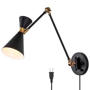 1-Light Outer Black Inner White Swing Arm Plug-in/Hardwired Wall Lamp with Brass Accent