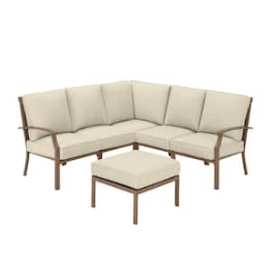 Geneva 6-Piece Brown Wicker Outdoor Patio Sectional Sofa Seating Set with Ottoman and CushionGuard Putty Tan Cushions