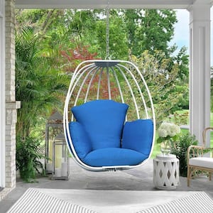 33 in. White Aluminum Patio Swing Egg Chair with Blue Cushion without Stand