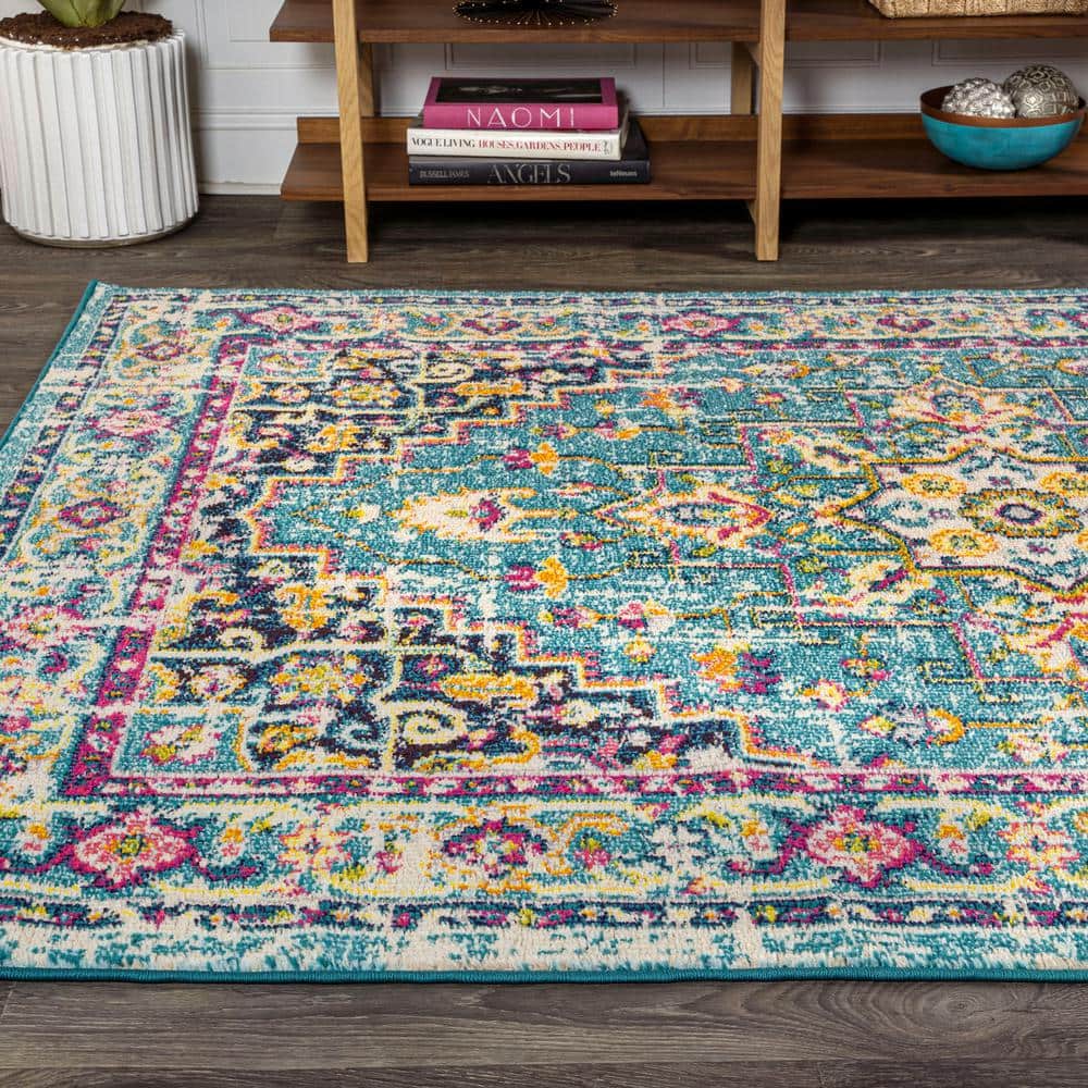 Blue Rectangular Medallion Synthetic Easy Care Rug
