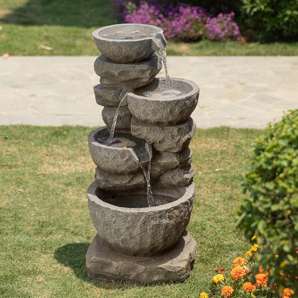 Glitzhome 32.25 in. H 4-Tiers Polyresin Waterfall Outdoor Fountain