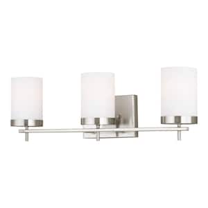 Zire 24 in. W 3-Light Brushed Nickel Vanity Light with Etched White Glass Shades with LED Bulbs