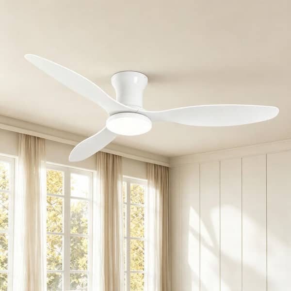 52 in. Smart Industrial Indoor LED White Flush Mount Ceiling Fan with Light Kit Remote 3 Blades 3 Color Setting for Room