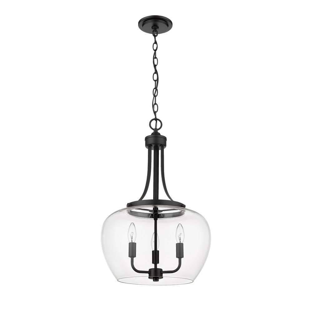 Matte Black Steel and Glass 3-Light Pendant