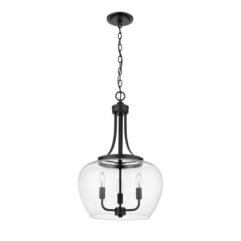 Matte Black Steel and Glass 3-Light Pendant