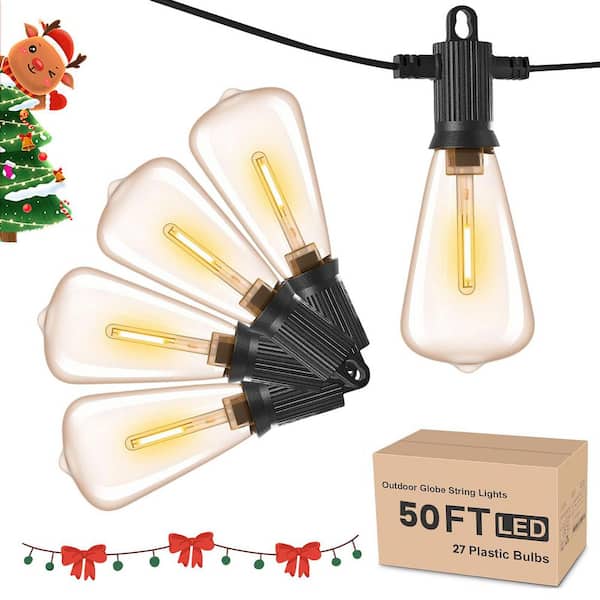 27-Light 50 ft. Indoor/Outdoor Plug-In LED Edison String-Light Shatterproof Waterproof for Porch Bistro Backyard