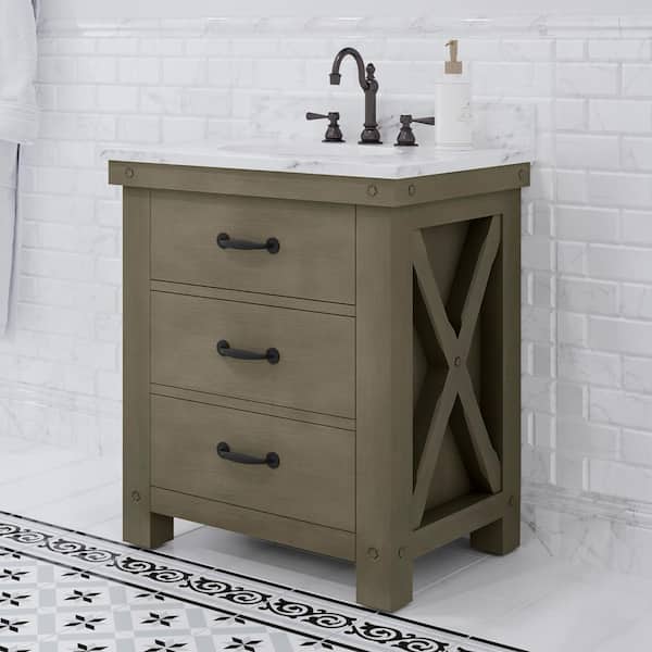 Aberdeen 72 in. W x 34 in. H Vanity in Gray with Marble Vanity Top in Carrara White with White Basins