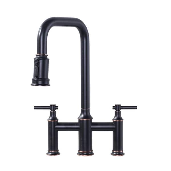 3-Holes Double Handle Brass Bridge Kitchen Faucet with 3-Modes Pull-Down Sprayer and High Arc Spout in Oil Rubbed Bronze