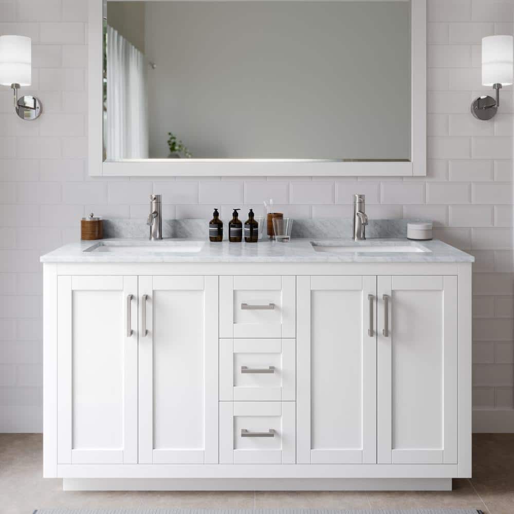 Miranda 60 in. W Double Bath Vanity in White with Marble Vanity Top in White Carrara with White Basins price history on PriceWatchPro