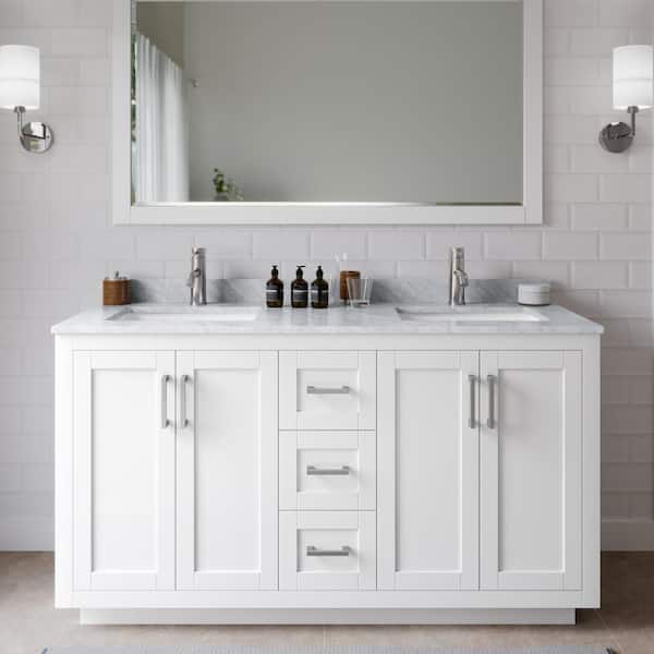 Wyndham Collection Miranda 60 in. W Double Bath Vanity in White with Marble Vanity Top in White Carrara with White Basins