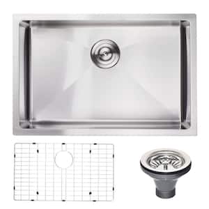 27 in. Undermount Single Bowl 18 Gauge Silver Stainless Steel Kitchen Sink with Bottom Grids