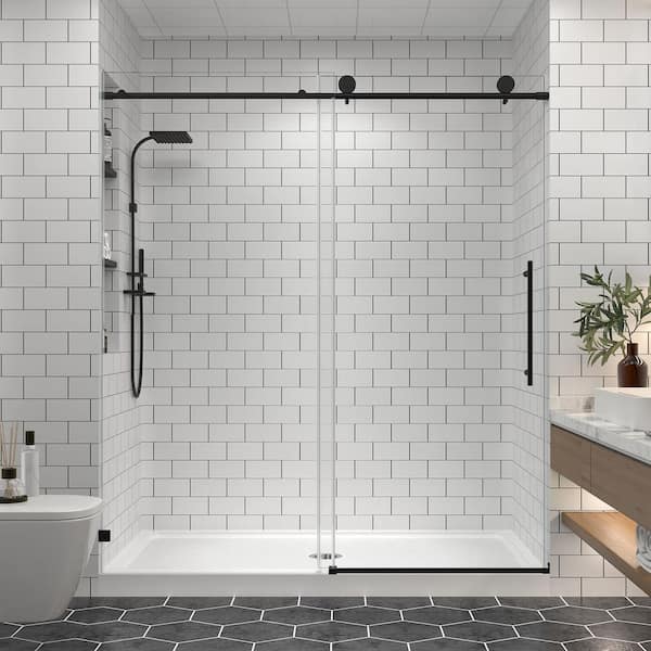 44-48.8 in. W x 76 in. H Sliding Frameless Shower Door in Matte Black Finish with 5/16 in. Clear Glass