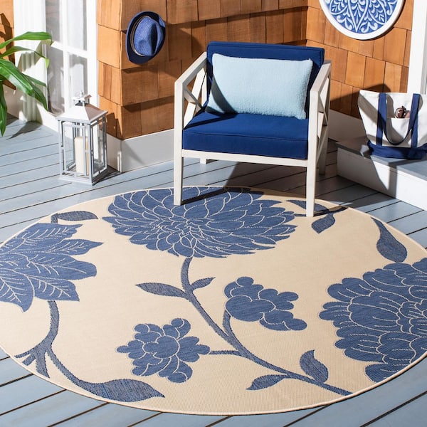 Courtyard Beige/Blue 5 ft. x 5 ft. Floral Scroll Indoor/Outdoor Round Area Rug