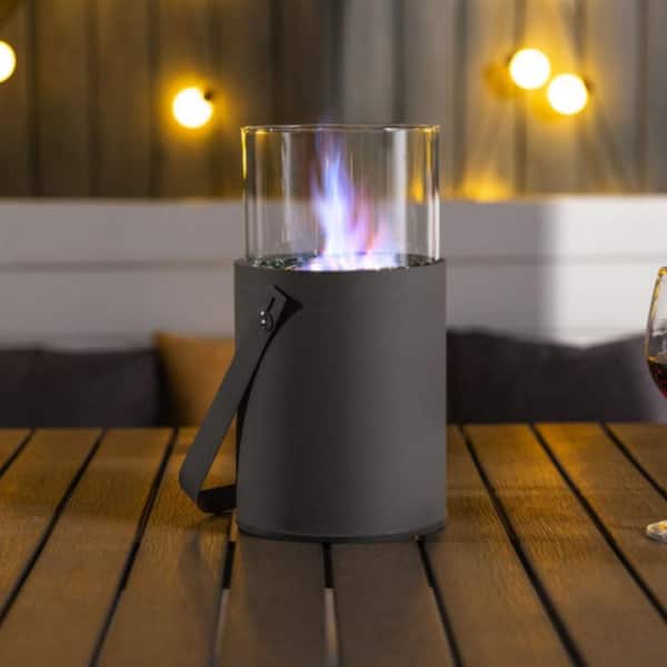 Daheat Kaid Tabletop Bioethanol Fire Pit, 3,000 BTU, Stainless Steel with Glass Wind Guard and Decorative Beads in Gray