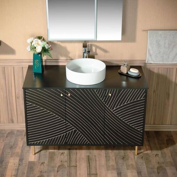 48 in. W x 22 in. D Single Ceramic Vessel Sink Freestanding Bath Vanity in Black with Black Sintered Stone Vanity Top