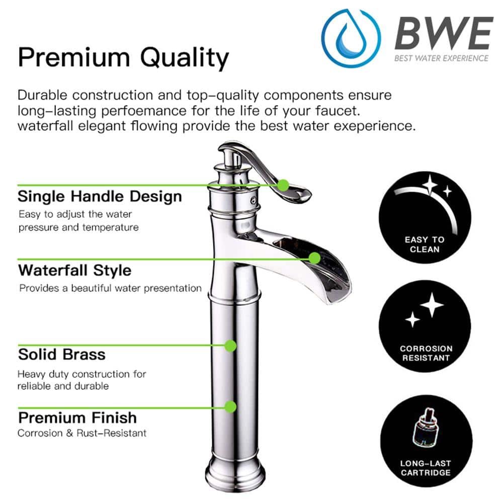 Polished Chrome Tall Waterfall Vessel Sink Faucet with Lever Handle
