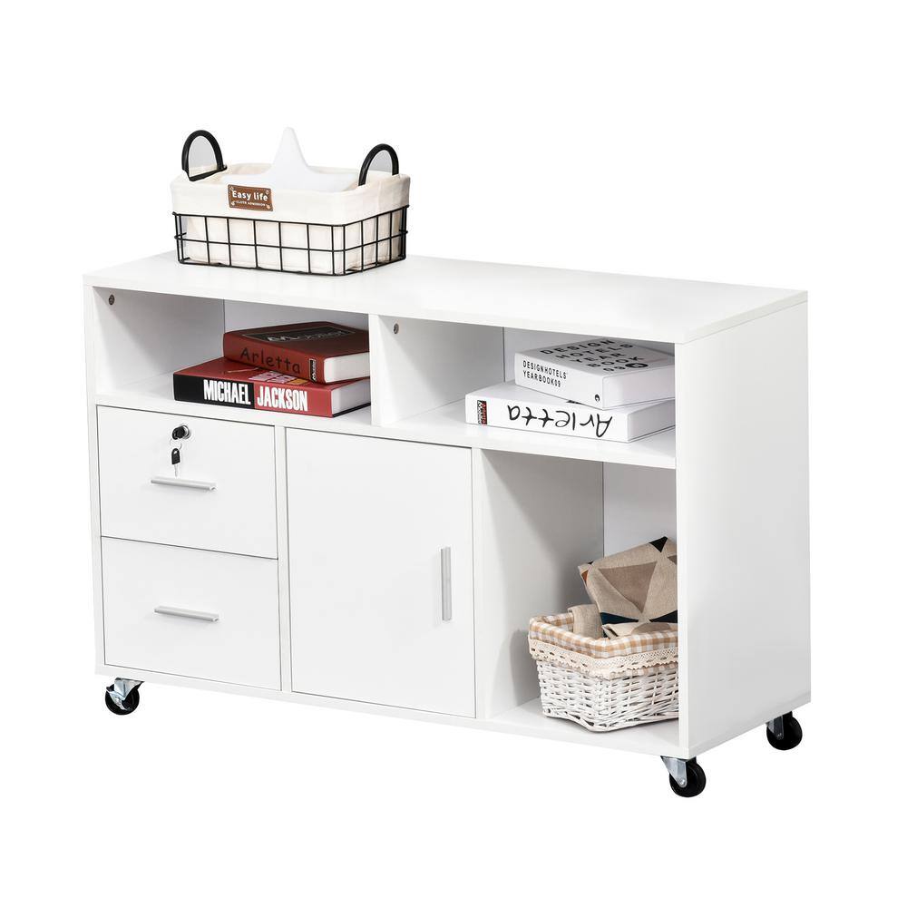 White Mobile Office Cabinet with Drawers and Shelves