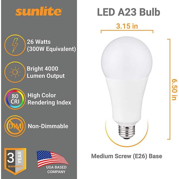 Sunlite 300-Watt Equivalent A23 High Output 4000 Lumen 120-277 Multi-Volt LED Light Bulb, Warm White 3000K (3-Pack) HD03032-3 - The Home Depot