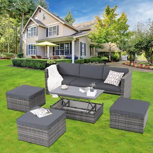 Dark Gray 5-Piece Wicker Outdoor Sectional Set with Lift Top Coffee Table Dark Grey Cushions
