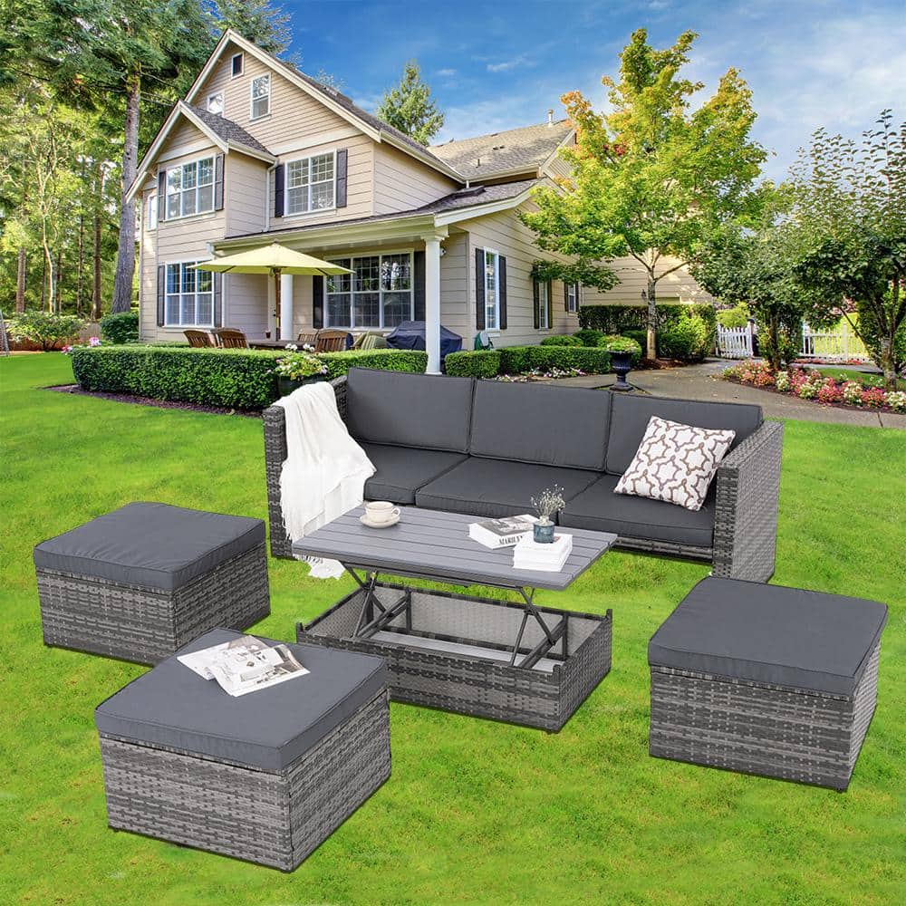 Dark Gray 5-Piece Wicker Outdoor Sectional Set with Lift Top Coffee Table D