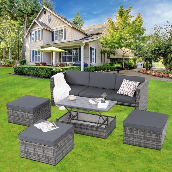 Unbranded Dark Gray 5-Piece Wicker Outdoor Sectional Set with Lift Top Coffee Table Dark Grey Cushions