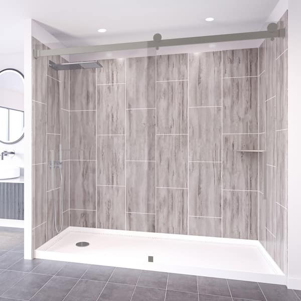 NuVo Driftwood-Tetherow 60 in. x 32 in. x 83 in. Base/Wall/Door Concealed Base Alcove Shower Stall/Kit Brushed Nickel Right