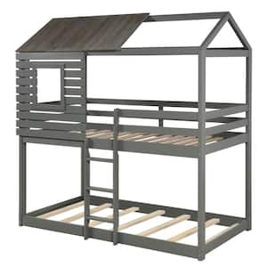 Gray Twin Over Twin Wood Bunk Bed with Roof, Window, Guardrail, Ladder