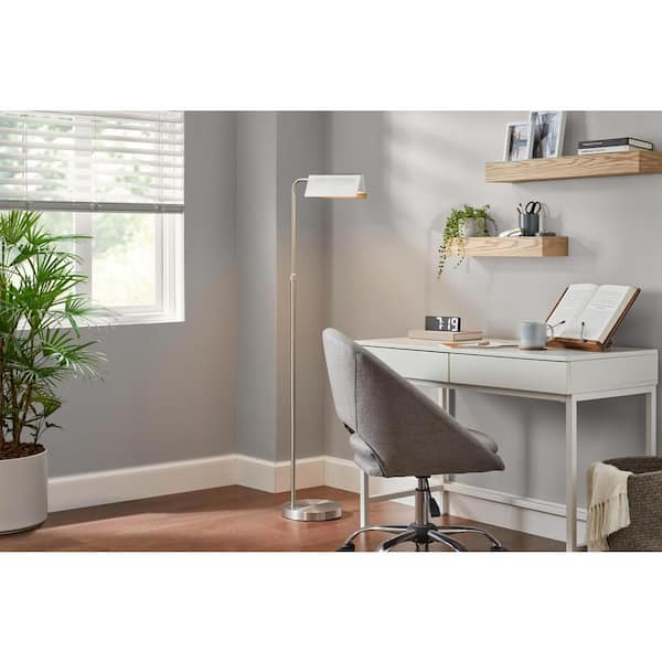 Hampton Bay Wesleigh 59 in. Brushed Nickel LED-Light Standard Floor Lamp 3 CCT Dimmer Switch with Brass Metal Rectangular Shade