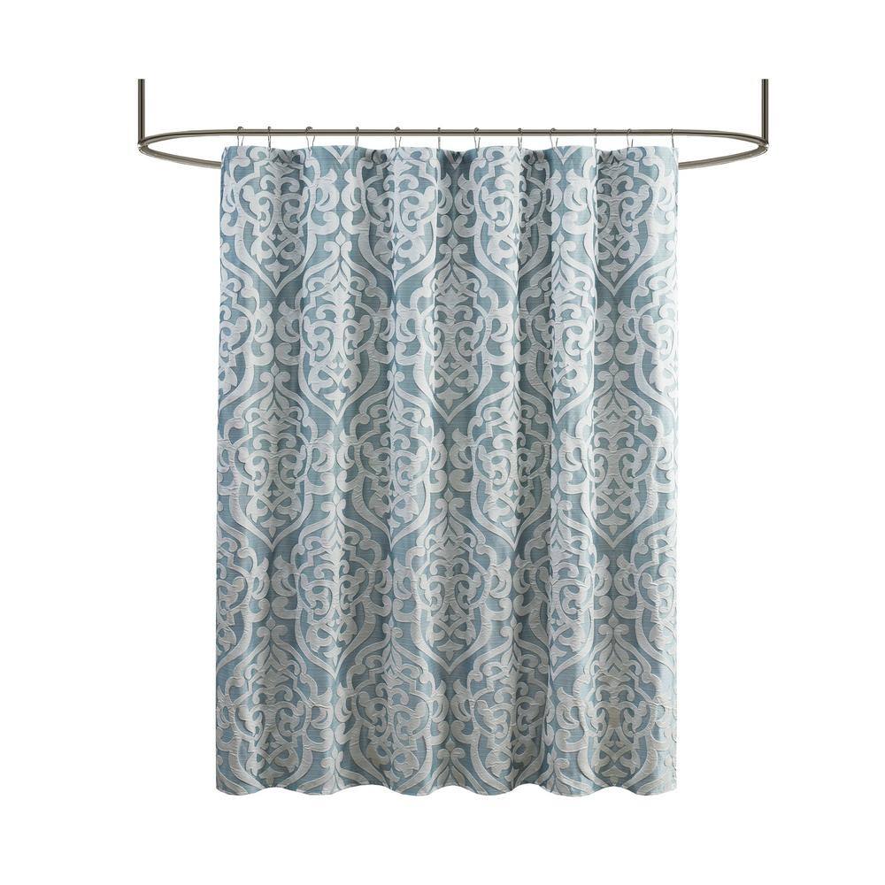 Aqua and Silver Damask Jacquard Fabric Shower Curtain