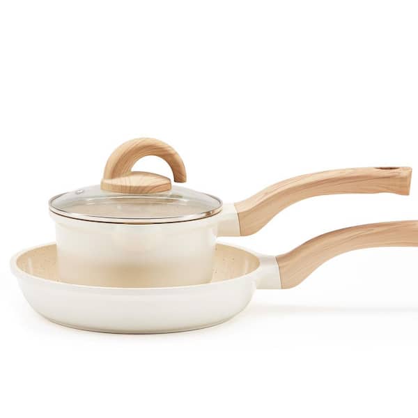 Cookware Set 3-Piece Cream Ceramic Nonstick Cookware Set PFAS-Free Granite Pattern Induction Compatible Kitchen Pots