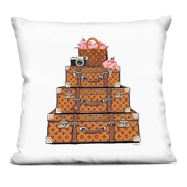 Suitcases with Flowers & Camera Tan Print Zipper Polyester 18 in. x 18 in. Throw Pillow