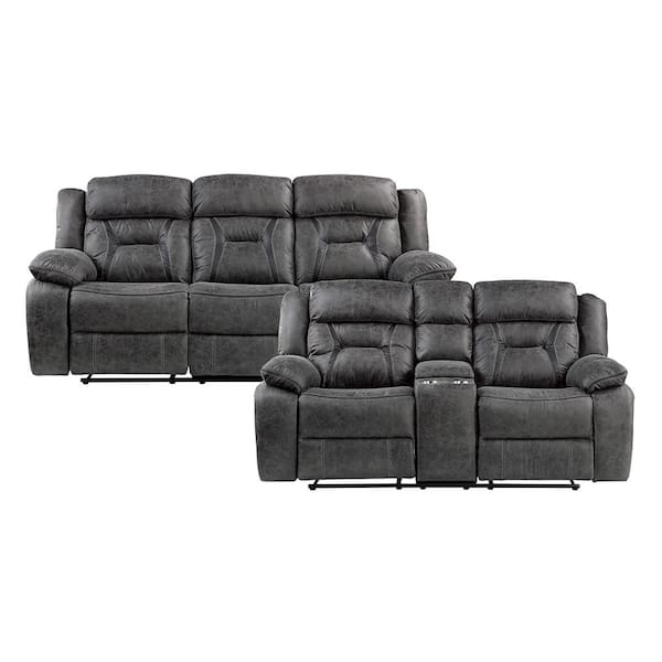 Lazzara Driscoll 84.5 in. W. Pillow Top Arm Microfiber Rectangle 2-Piece Manual Reclining Sofa Set in Gray