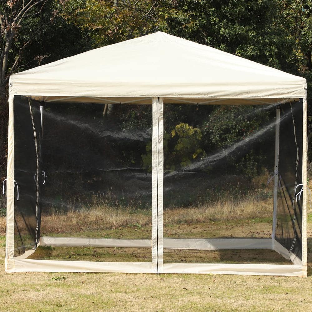 Beige 10' x 10' Pop-Up Canopy Tent with Mesh Sidewalls
