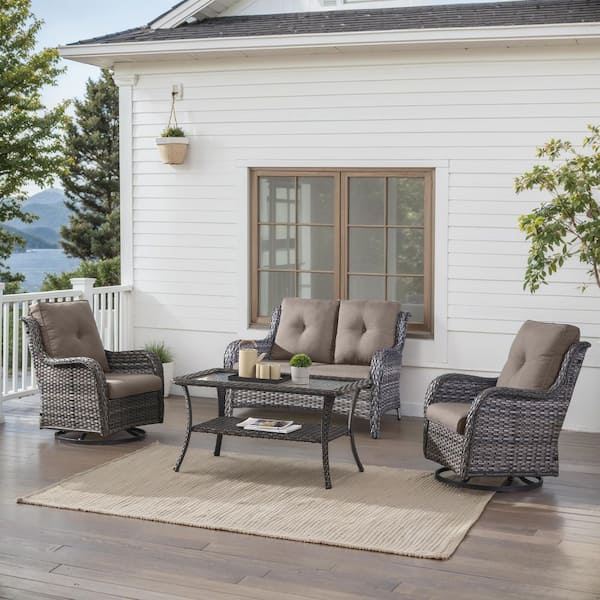 4-Piece Gray Wicker Patio Conversation Set with Olefin Gray Cushions and Swivel Glider Chairs/Loveseat