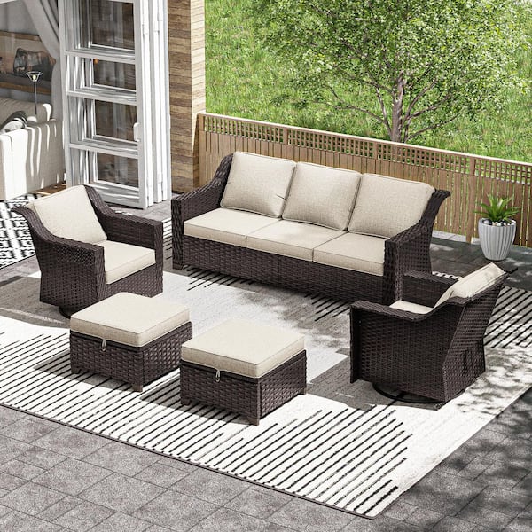 5-Piece Wicker Outdoor Patio Conversation Sectional Set With Beige Cushions