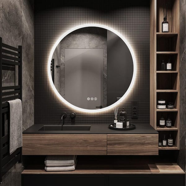 KINWELL 27.56 in. W x 27.56 in. H Frameless Round LED Light Bathroom Vanity Mirror