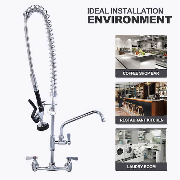 36 in. H Commercial Wall Mount Triple Handle Pull Down Sprayer Kitchen Faucet with Pre-Rinse Sprayer in Polished Chrome