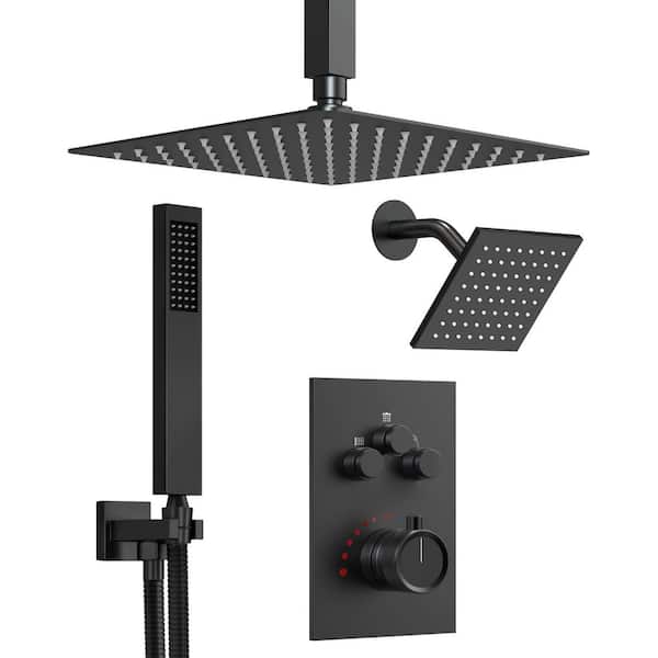 Multiple Press 12 in. Triple Handle 6-Spray Shower Faucet 2.5 GPM with Anti Scald in Matte Black Valve Included