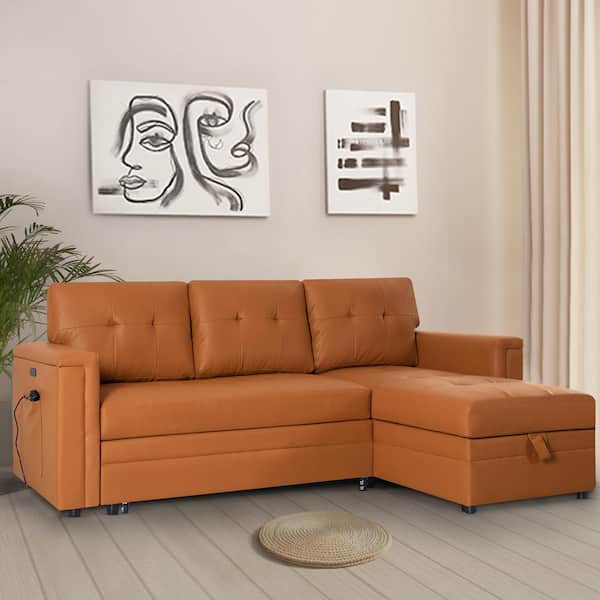 HOMESTOCK 84.85 in. Reversible 1-Piece Faux Leather Sleeper Sectional Sofa in Caramel with Storage and USB Ports